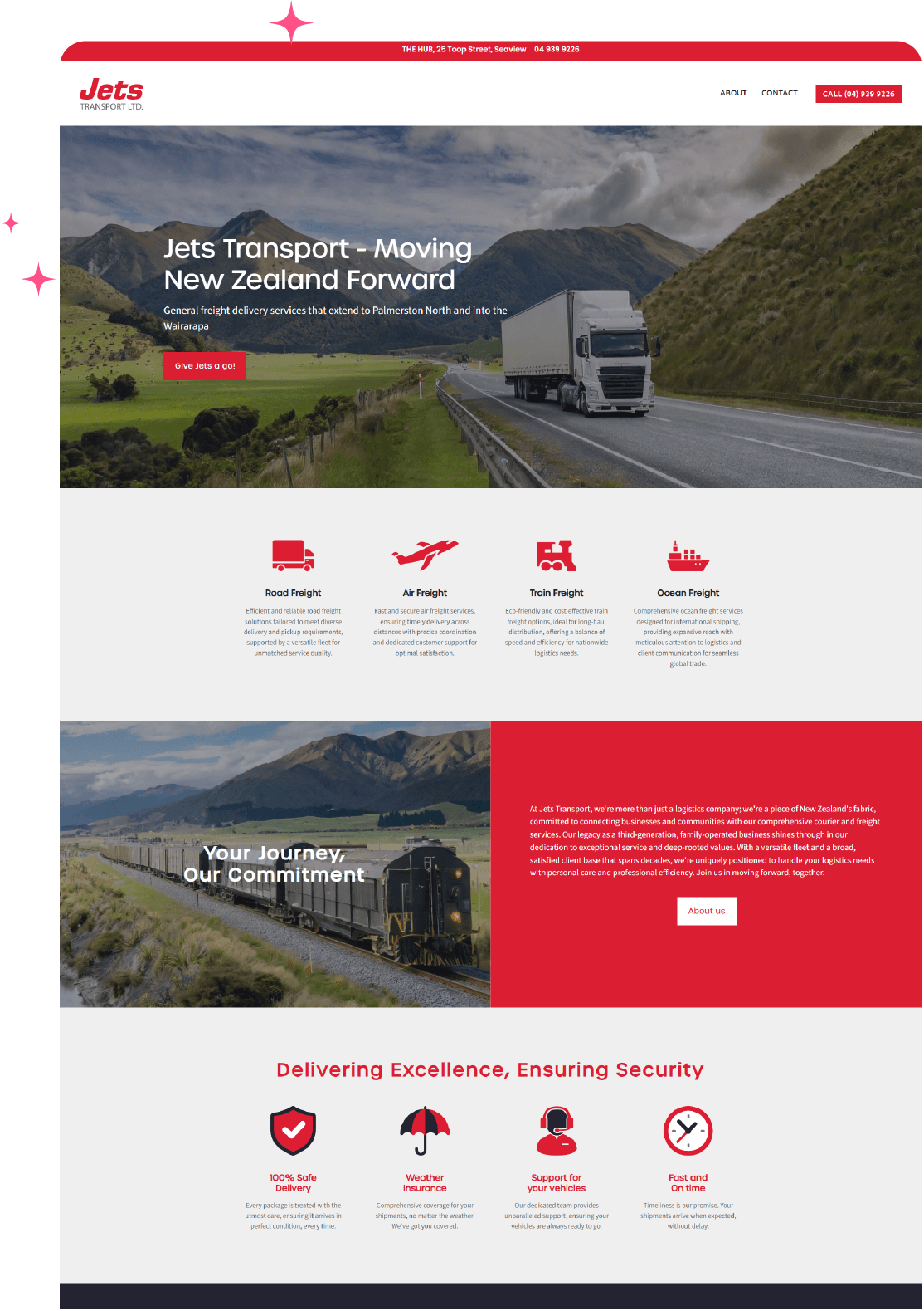 Jets Transport homepage featuring a freight truck on a scenic road, service icons, and a train image promoting commitment to logistics