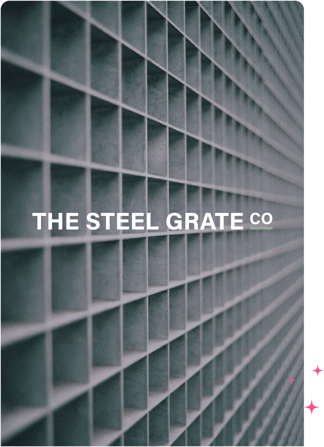 Steel grating with a repeating square pattern and industrial texture, featuring white text 'THE STEEL GRATE CO' centred on the image