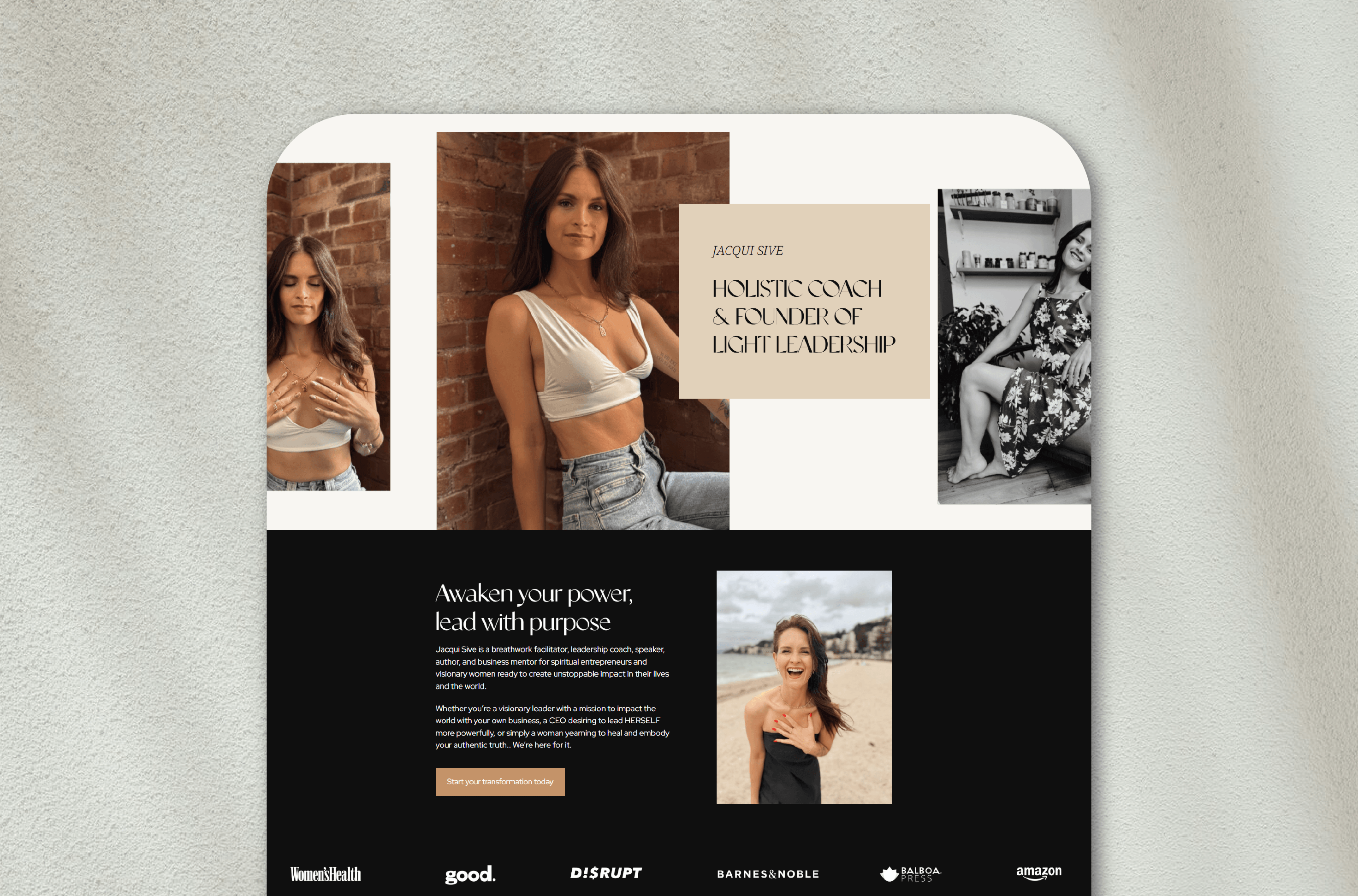 Jacqui Sive's homepage her features her as a holistic coach and founder of Light Leadership, with images of her and a transformative message for women