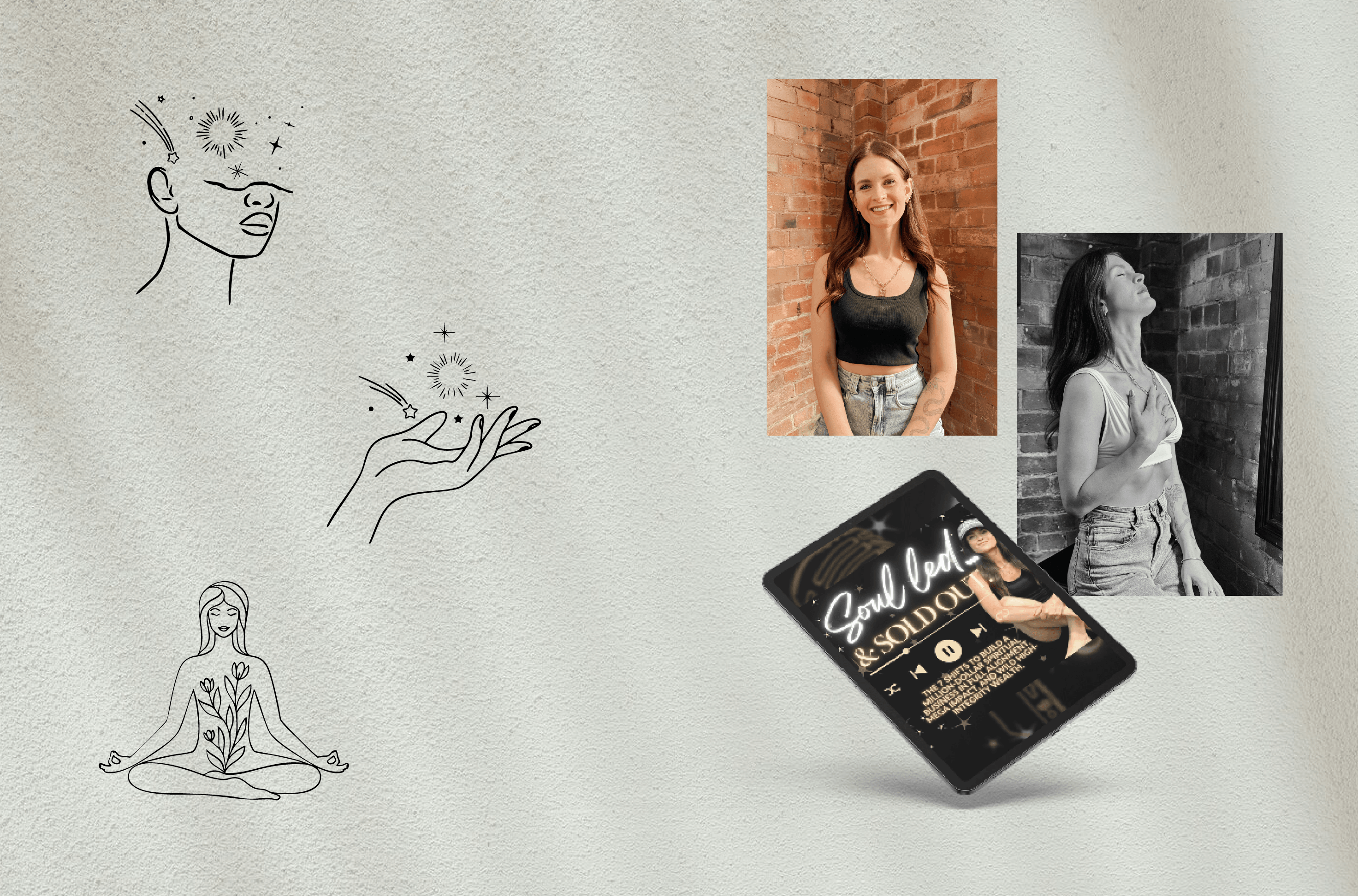 Illustrations of a starry face, hand releasing stars, and a meditating figure, with images of a woman in a crop top and a 'Soul Led & Sold Out' promo