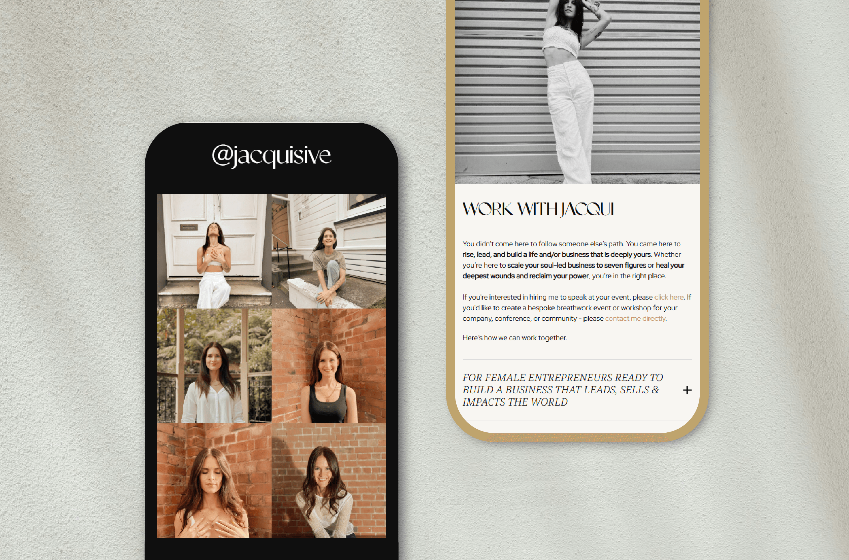 Mobile view screenshots of Jacqui's website: one with a grid of her images, and the other is about the 'Work with Jacqui' section for entrepreneurs