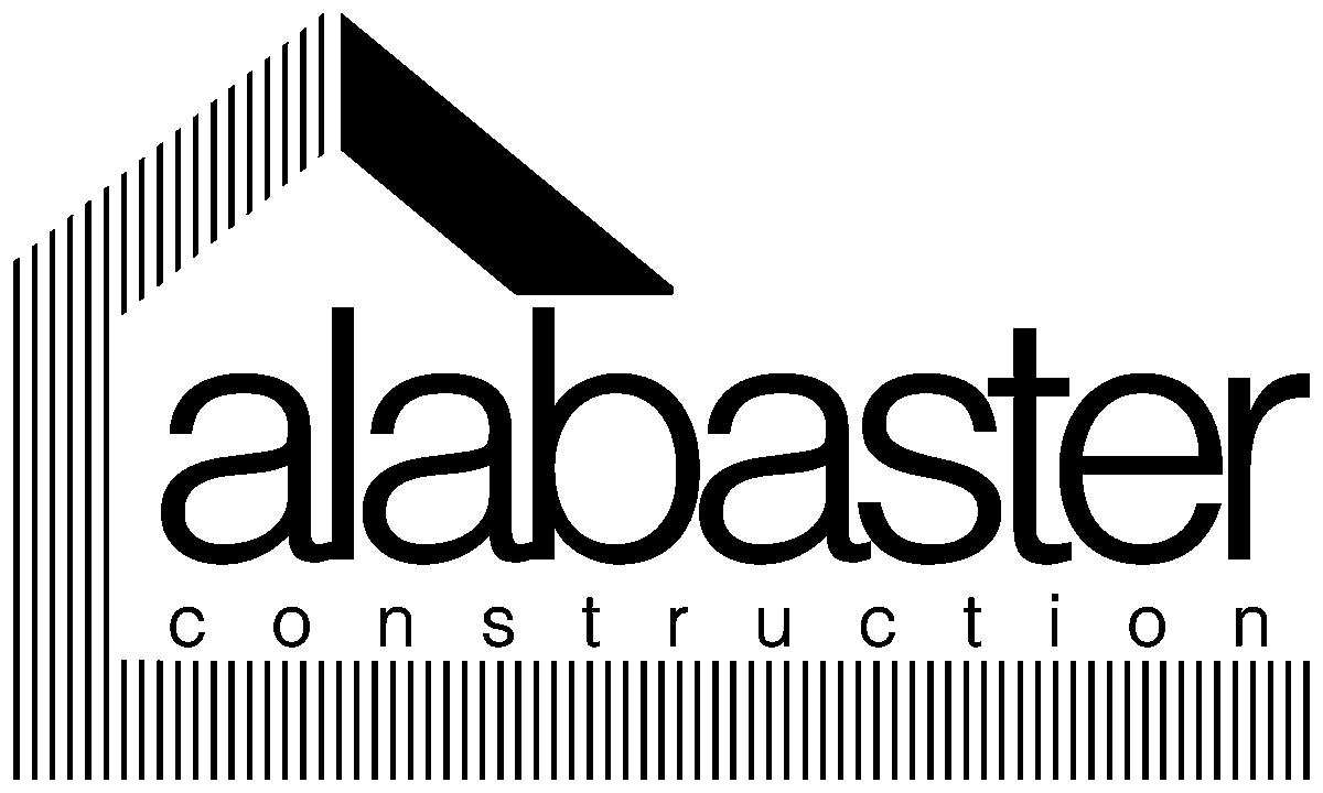 Alabaster Construction logo features stylised black and grey bars forming a house outline, with "alabaster construction" written in bold black text