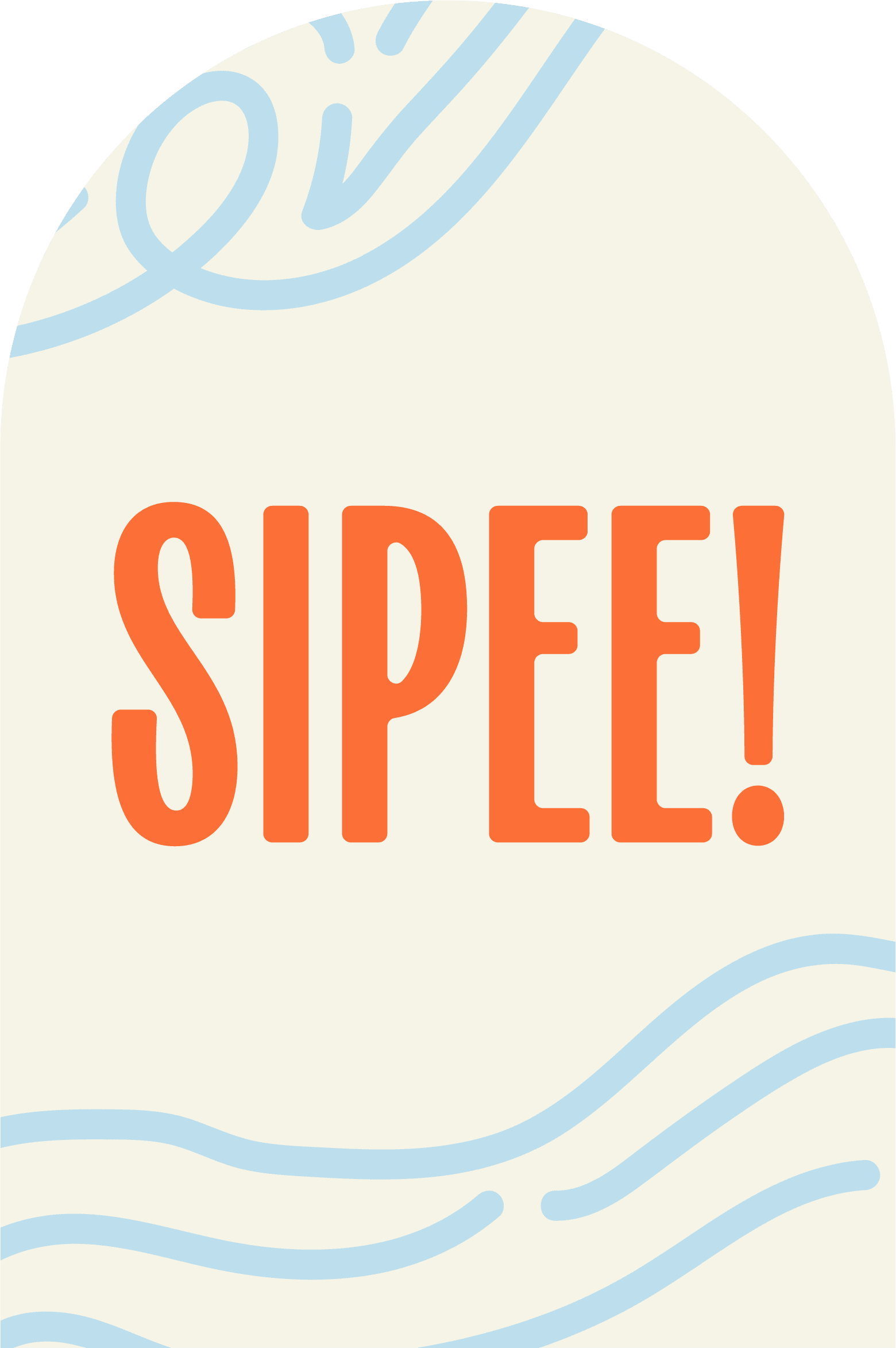 Bold orange text reading "SIPEE!" in all caps with playful blue wave illustrations above and below on a beige background