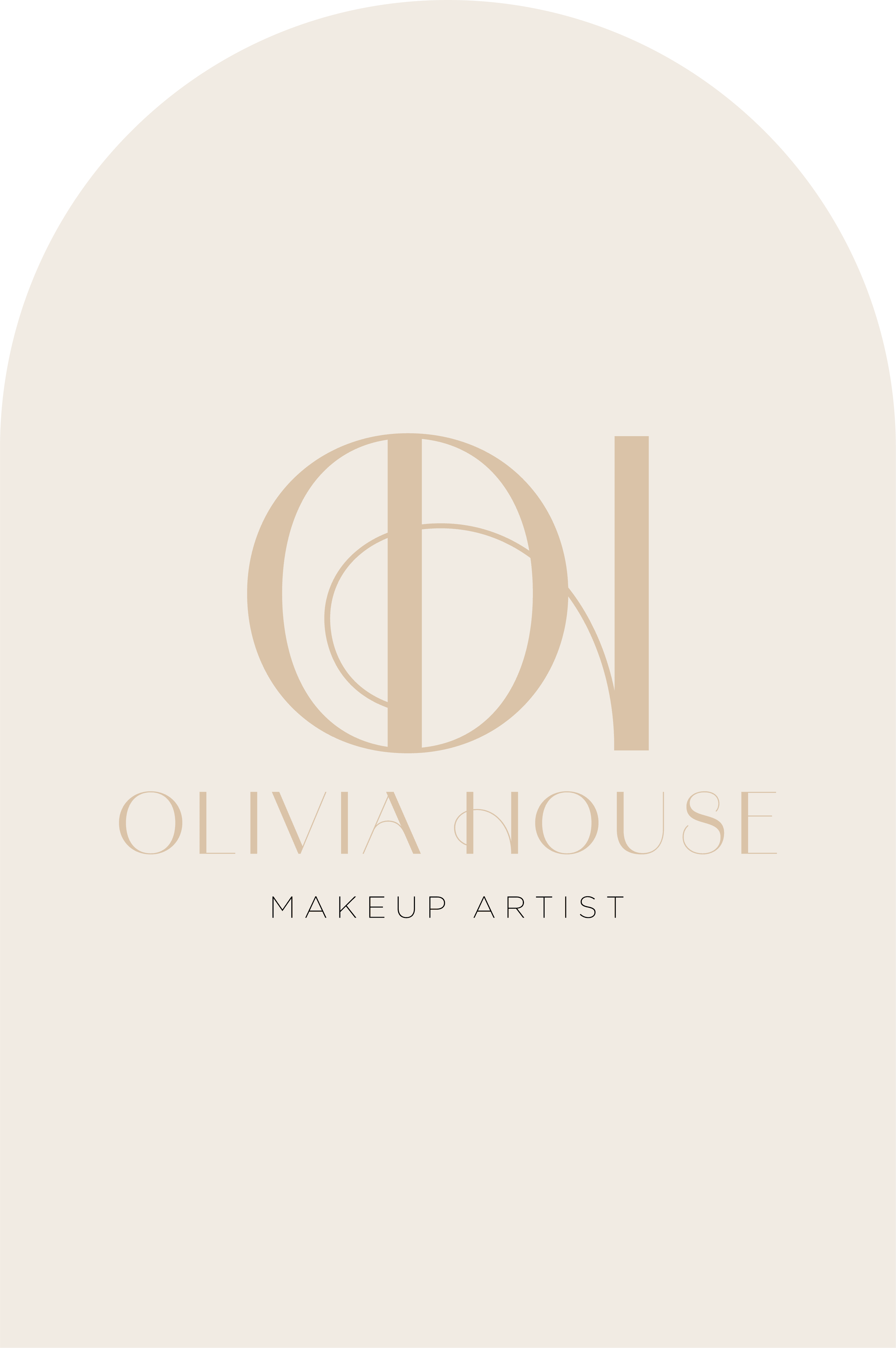 Logo for Olivia House Makeup Artist with a minimalist 'OH' monogram in a tan colour and clean sans-serif text below
