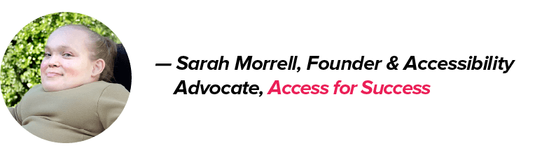 Circular portrait of Sarah Morrell, Founder of Access for Success, with text highlighting her name and title