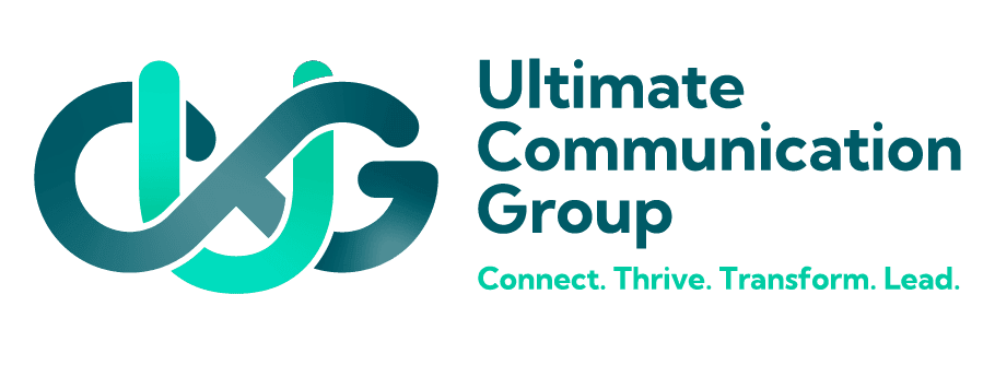 Dark and teal green interwoven initials “UCG” beside the text "Ultimate Communication Group" and the tagline "Connect. Thrive. Transform. Lead."