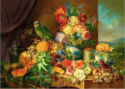 Enjoy 1000 Piece Jigsaw Puzzle  Josef Schuster: Still Life with Fruit Flowers and a Parrot