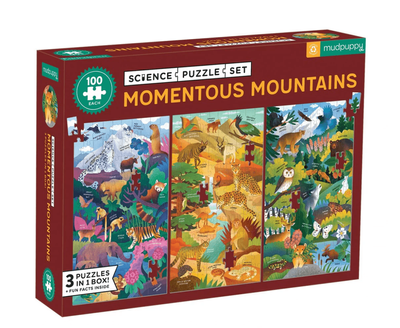 Mudpuppy Momentous Mountains Science Puzzle Set: 3x100 Piece Jigsaw Puzzle 8yrs+