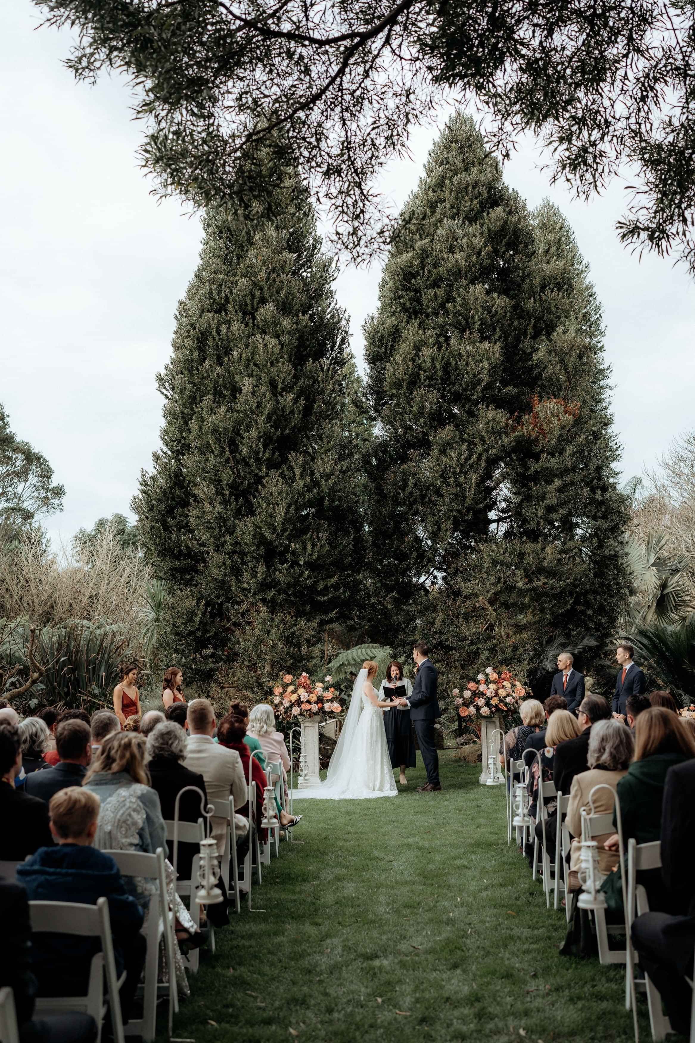 Markovina Vineyard Estate  Wedding Ceremony under twin pines