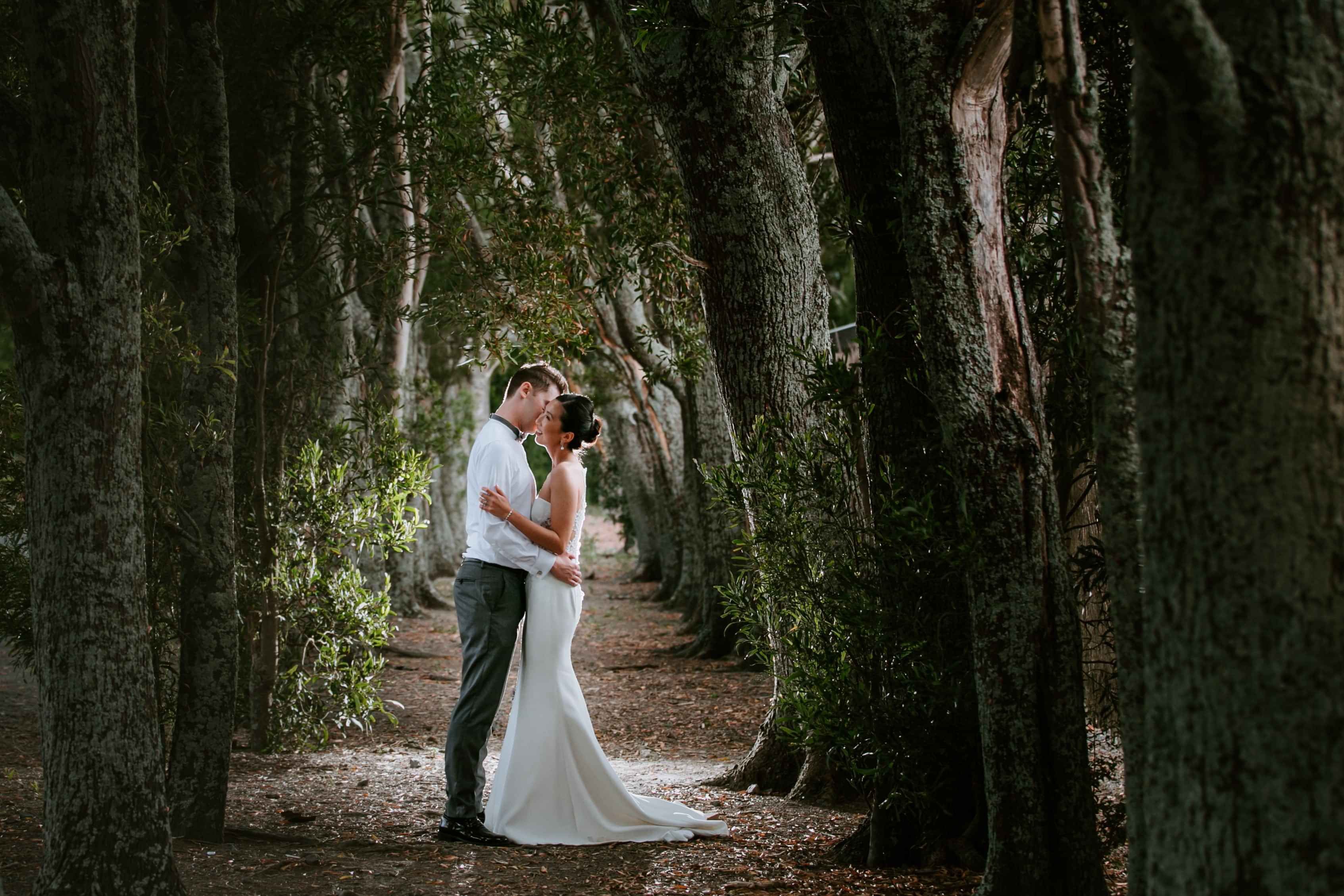 Markovina Vineyard Estate Bridal Couple posing in the trees
