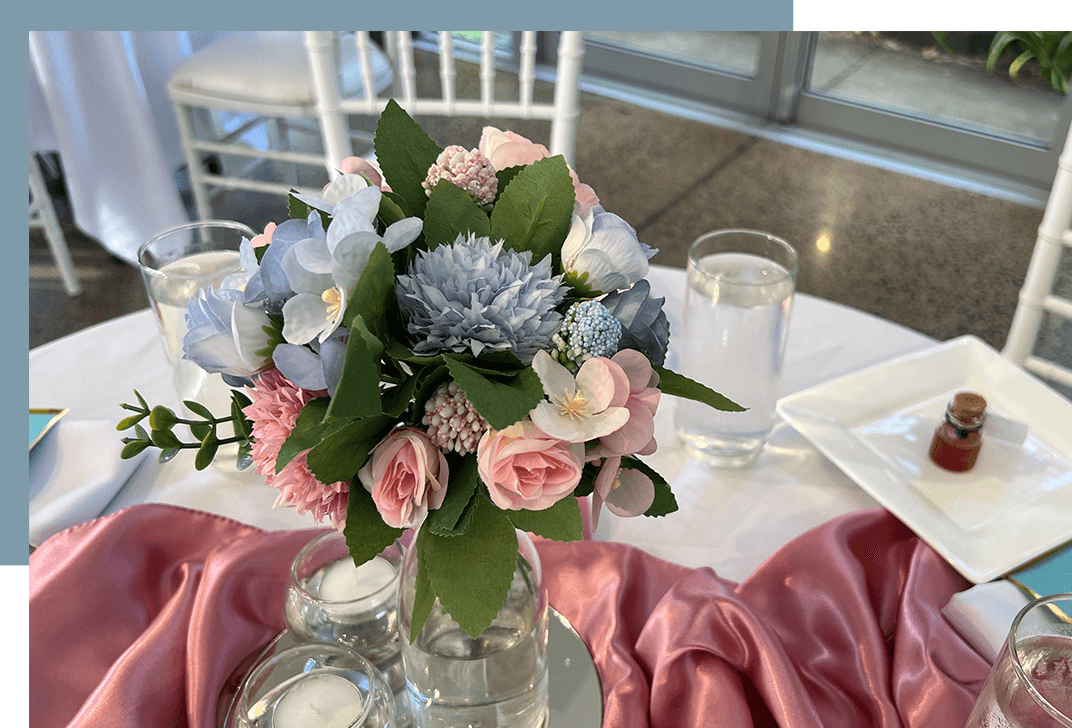 blue and pink flower bouquet