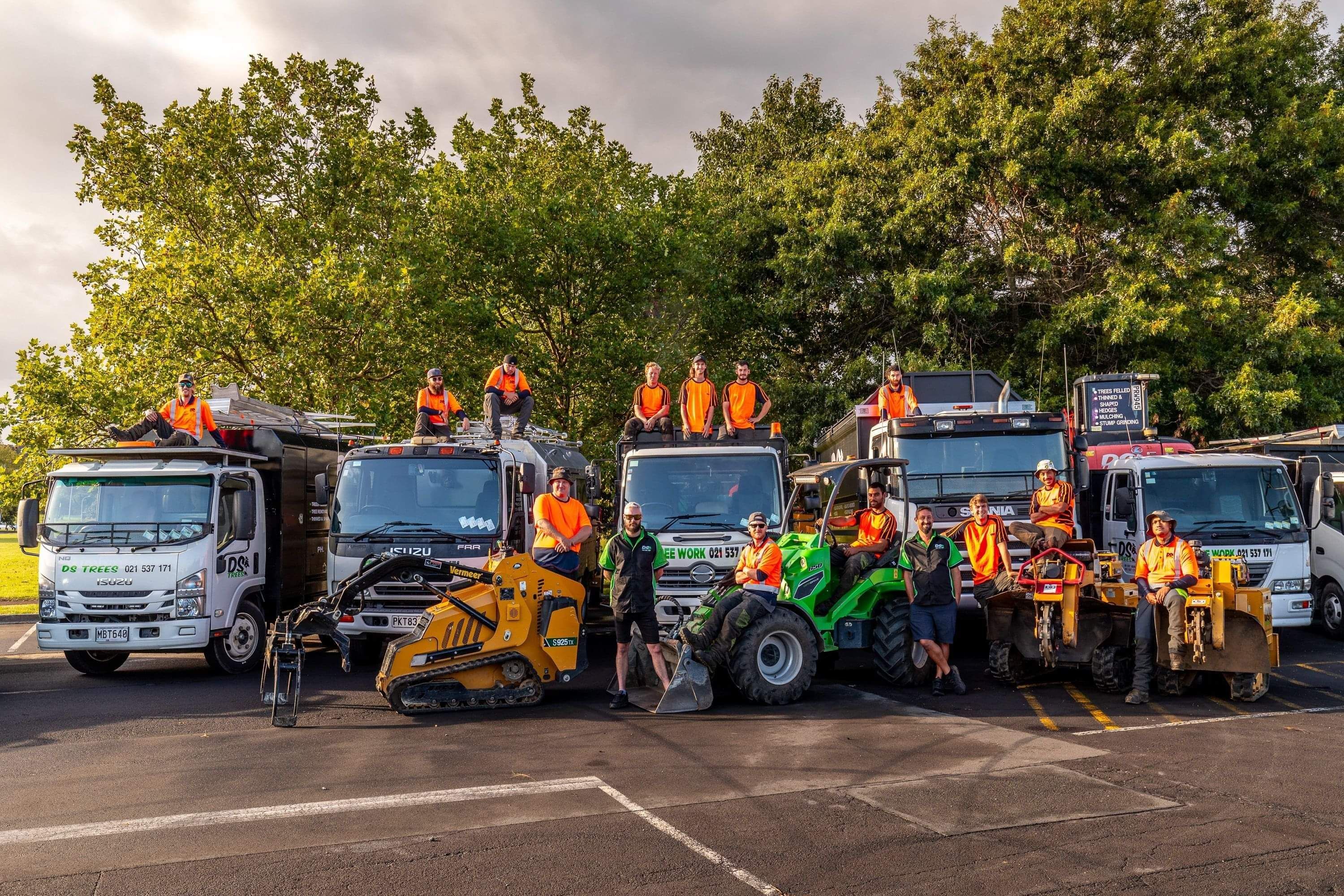 The DS Trees team with their fleet of arborist equipment and vehicles