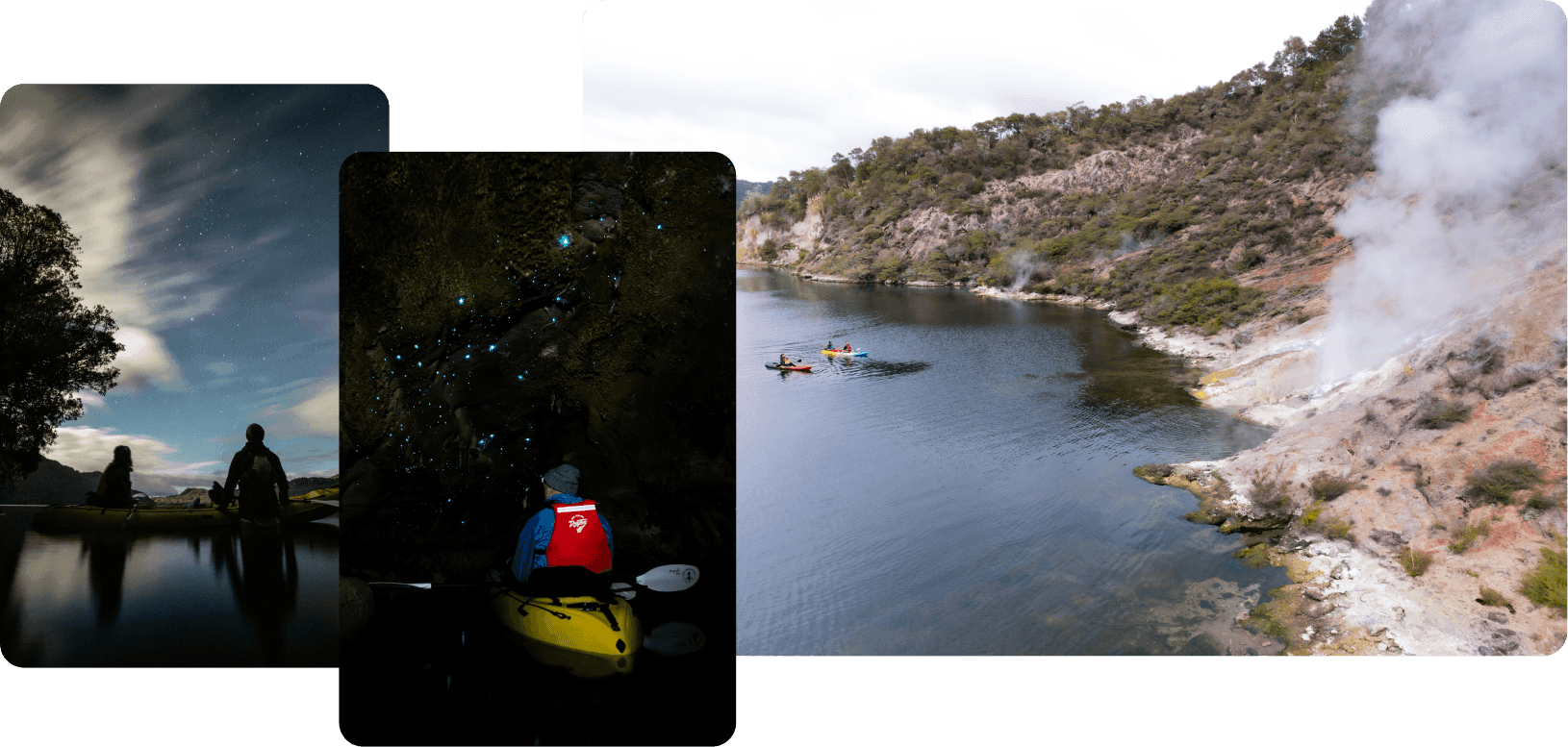 day and night kayak tours, including looking at stars, in glow wrm cave and by the cliffs of Waimangu Valley
