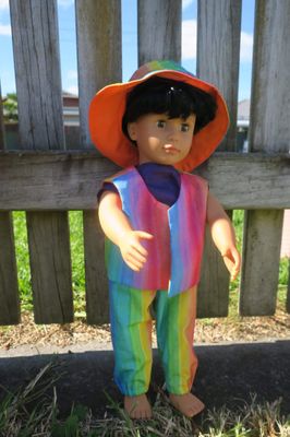 Rainbow pants, top and hat, fits 46cm doll