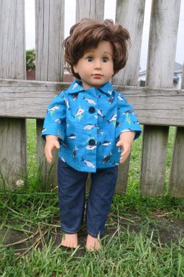 Blue fish design shirt and jeans, fits 46cm doll