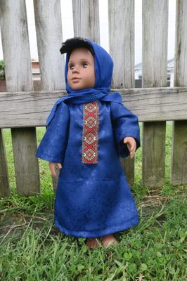 Blue abaya dress, long embroidered panel, hijab, fits 46cm doll