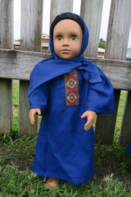 Blue abaya dress, embroidered decoration, with hijab, fits 46cm doll