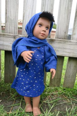 Blue abaya dress, silver stars, with hijab, fits 46cm doll