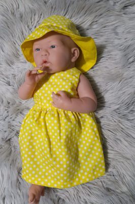 Baby doll dress, hat and nappy, yellow