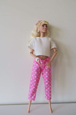 Elastic waist pants and shirt, pink with white spots