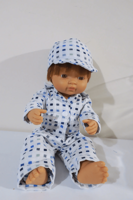 Blue and white check boiler suit/overalls and cap, fits Miniland 38cm dolls