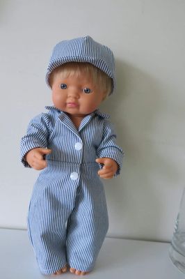 Cotton blue and white striped boiler suit/overalls and cap, fits Miniland 38cm dolls