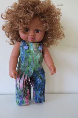 Overalls, purple/green batik, fits 30cm doll