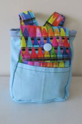 Backpack, blue with crayon print fabric