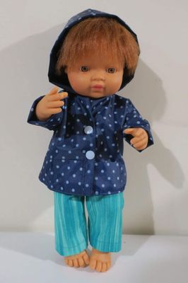 Blue rain jacket with hood, fits  38cm dolls