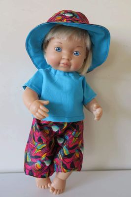 Pants, top and sunhat, blue top, red pants 30cm doll