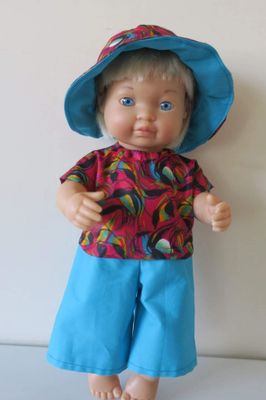 Pants, top and hat set. Red and blue, fits 30cm doll