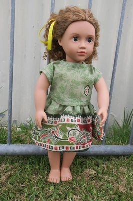 Doll skirt and top, green with patterned border, fits 46cm dolll