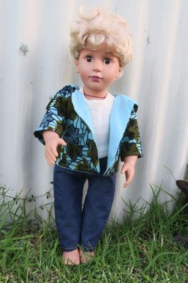 Doll hoodie, green and blue wax print fabric, fits 46cm doll