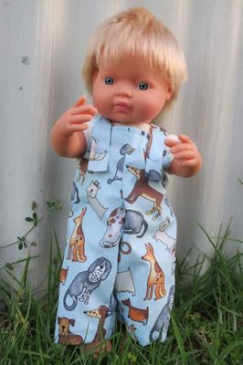 Blue overalls with dog print, fits Miniland 38cm dolls