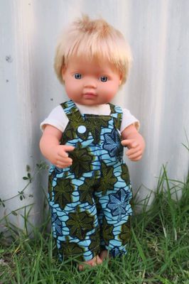 Blue and green overalls, fits Miniland 38cm dolls