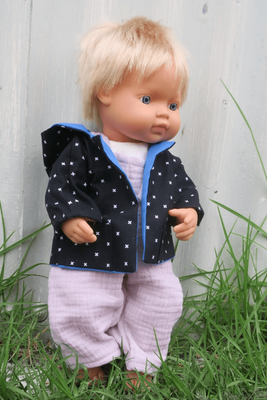 Hooded back jacket with x print, fits Miniland 38cm dolls