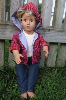 Hooded jacket, maroon batik, fits 46cm doll