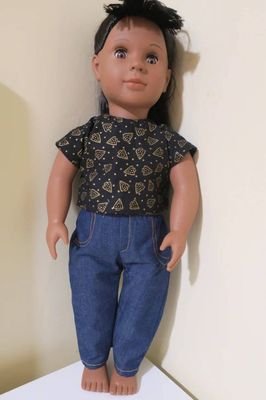 Jeans and black Christmas top, fits 46cm doll