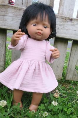 Dusky pink muslin dress, fits Miniland 38cm dolls