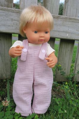 Dusky pink muslin overalls, fits Miniland 38cm dolls