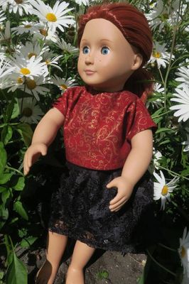 Doll skirt, black lace and red top, fits 46cm doll