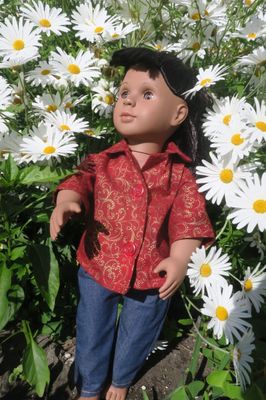 Doll shirt and jeans, red with gold swirls, fits 46cm doll