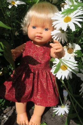 Doll dress, red, gold swirls, fits 38cm Miniland dolls