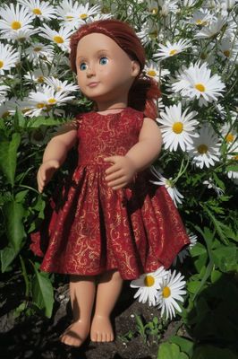 Doll dress, red, gold swirls, fits 46cm doll