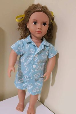 Doll pajamas teal with leaf print, fits 46cm doll