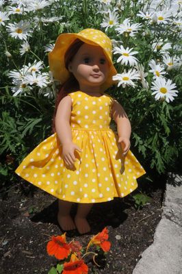 Doll dress, yellow, white spots, fits 46cm doll