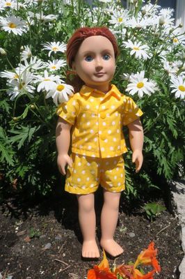 Doll pajamas, yellow, white spots, fits 46cm doll