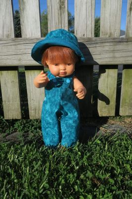 Doll overalls and hat. Blue/green, fits 38cm Miniland dolls