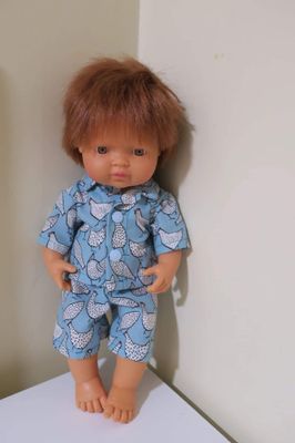 Doll pajamas, blue with chicken print, fits 38cm Miniland dolls