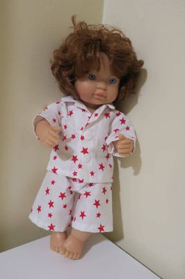 Doll pajamas, white, red stars, fits 30cm doll